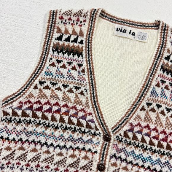 Vintage 90s Via L.A. Fair Isle Knit Sweater Vest Geometric Pattern, Size Medium - Picture 2 of 5